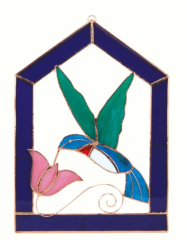 Large Hummingbird Purple Steeple Stained Glass Window Panel.