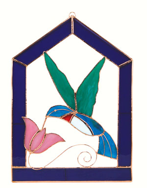 Small Hummingbird Purple Steeple Stained Glass Window Panel.