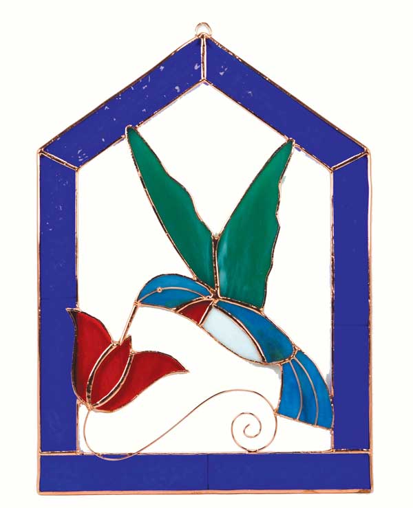 Large Hummingbird Blue Steeple Stained Glass Window Panel.