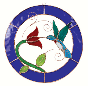 Small Hummingbird Blue Circle Stained Glass Window Panel.