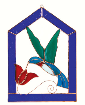 Small Hummingbird Blue Steeple Stained Glass Window Panel.