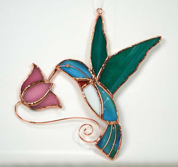 Hummingbird with Pink Flower Stained Glass Suncatcher.