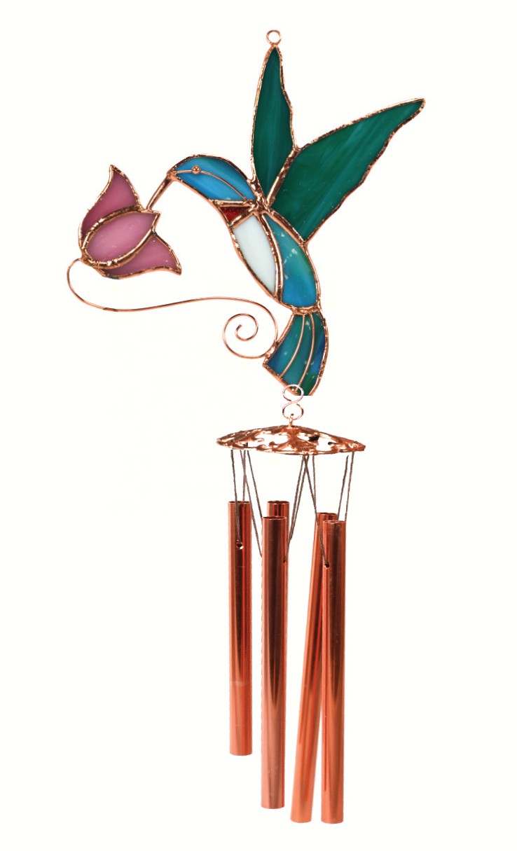 GE140 Hummingbird with Pink Flower Wind Chime Stained Glass 
