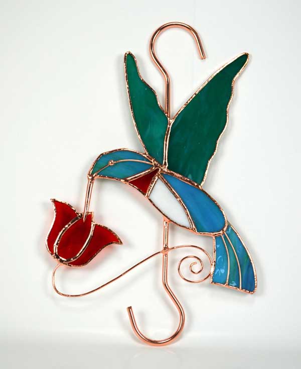 Hummingbird with Red Flower Stained Glass Garden Hook.