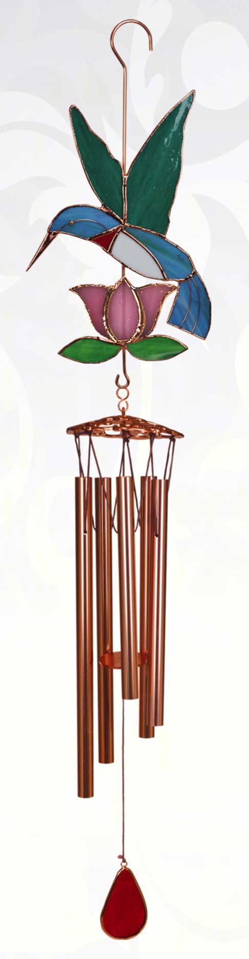 Hummingbird with Pink Flower Stained Glass Wind Chime.