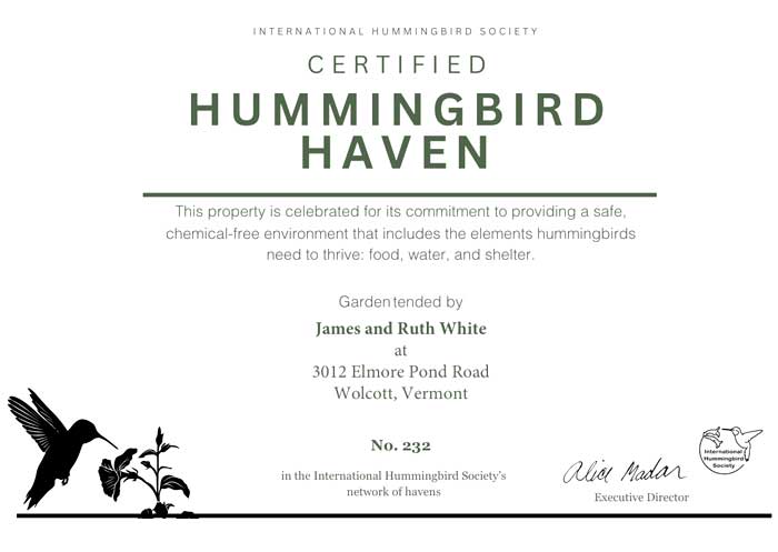 Our Hummingbird Garden Certification