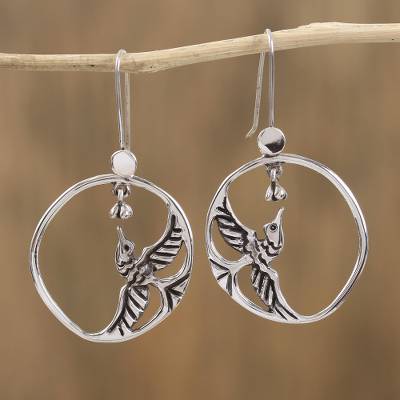 Happy Hummingbirds Rustic Style Bird Earrings Hand Crafted in Sterling Silver