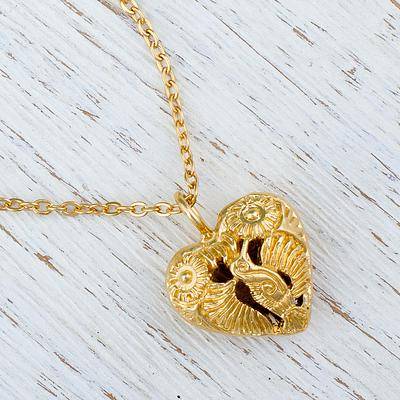 Oaxaca Hummingbird Gold Plated Hummingbird Heart Pendant Necklace from Mexico