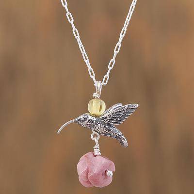 Hummingbird Treasure Rhodochrosite and Amber Sterling Silver Bird Necklace