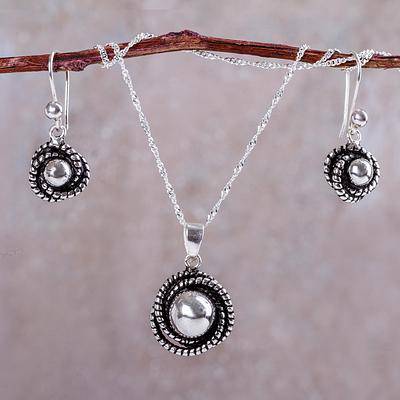 Hummingbird Nest Modern Necklace and Earrings Set Crafted of Andean Silver