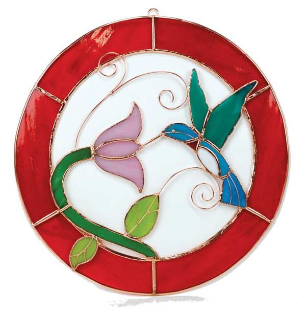 Large Hummingbird Red Circle Stained Glass Window Panel.