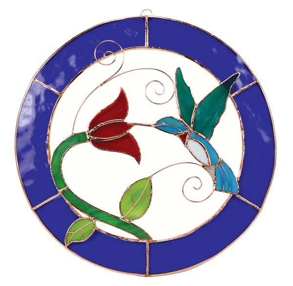 Large Hummingbird Blue Circle Stained Glass Window Panel.