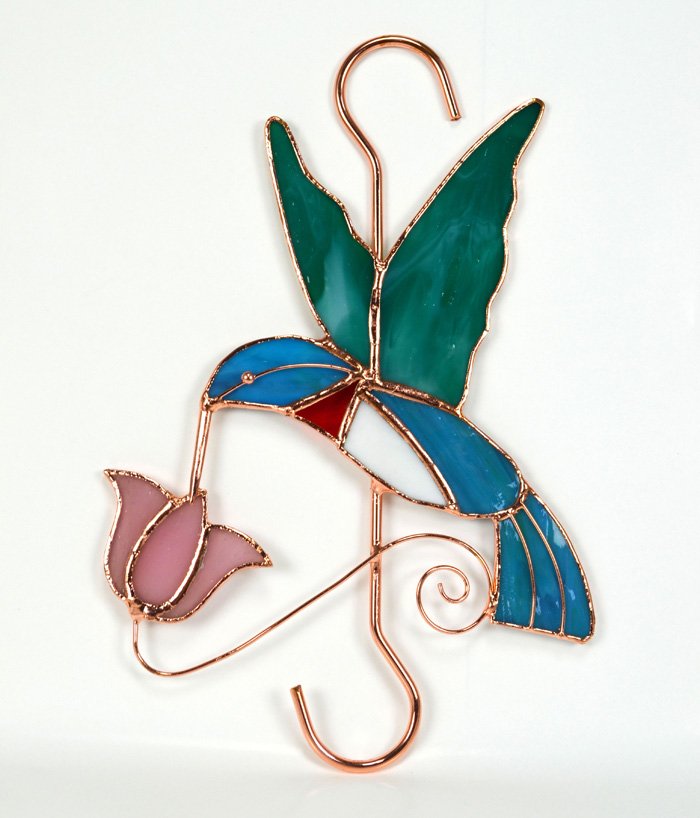 Hummingbird with Pink Flower Stained Glass Garden Hook.