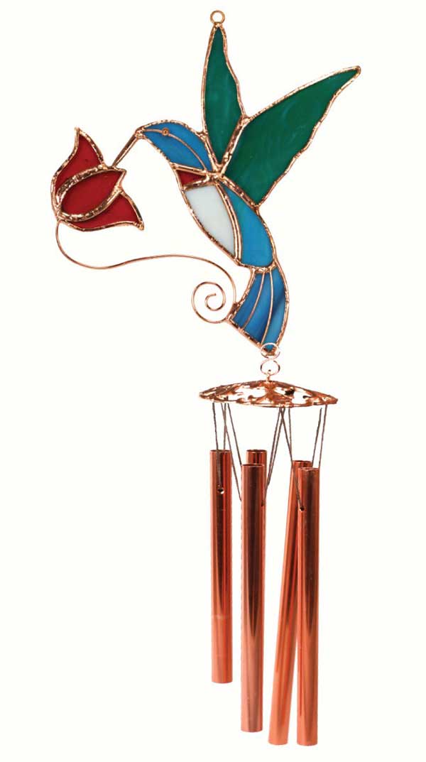 Hummingbird with Red Flower Stained Glass Wind Chime.