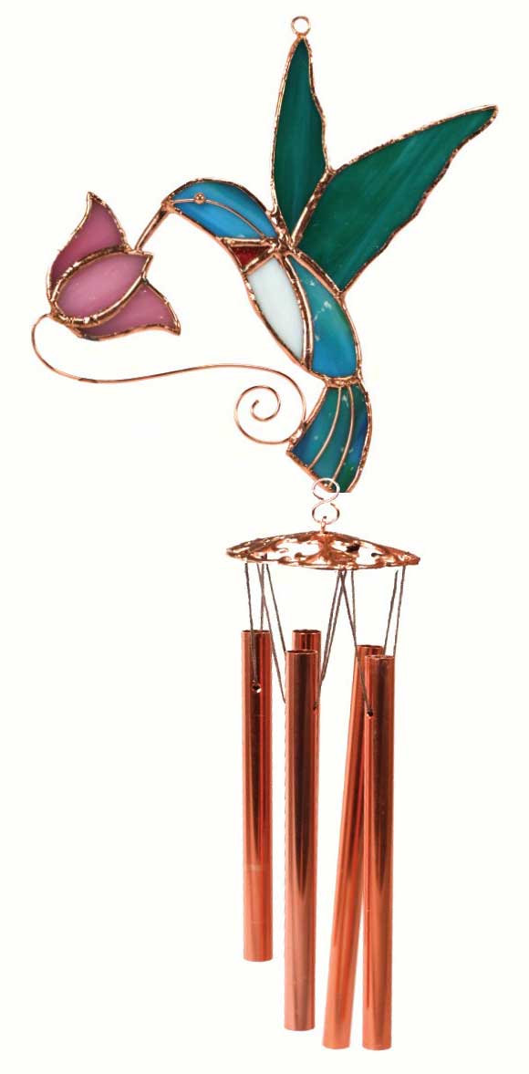 Hummingbird with Pink Flower Stained Glass Wind Chime.