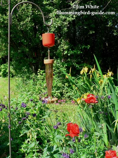 A decorative hummingbird feeder with an ant moat in our perennial garden