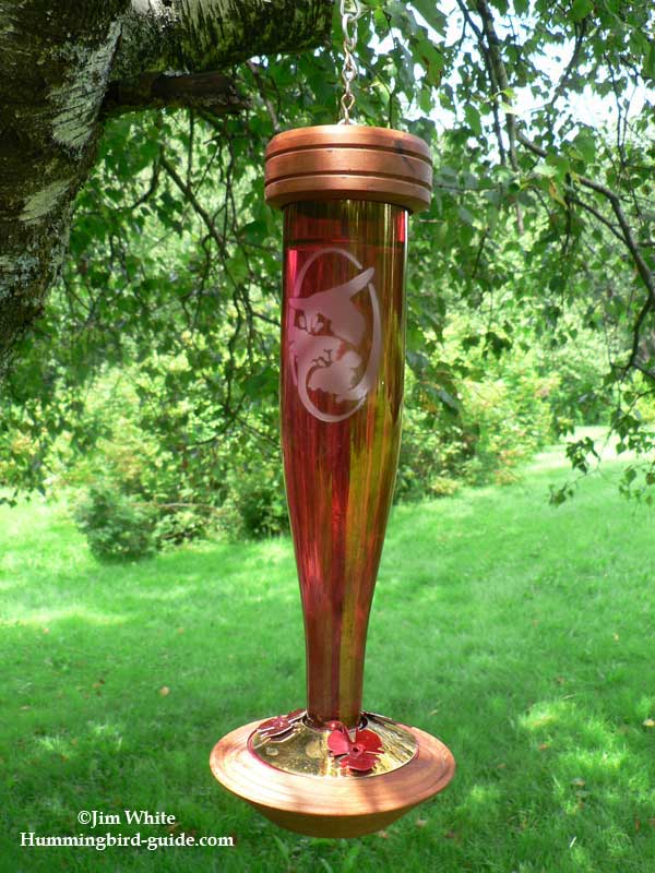 Red Etched Glass Hummingbird Feeder