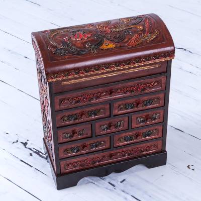 Happy Hummingbird Hand Made Colonial Leather and Wood Jewelry Box